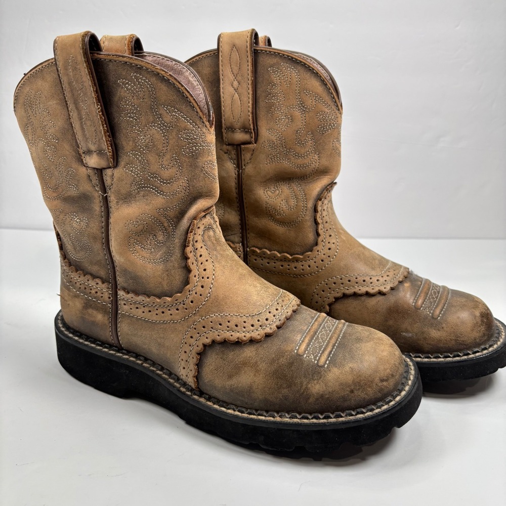 Ariat Women 6.5B Fatbaby Western Boots Tan Leather Distressed Country Rodeo Farm